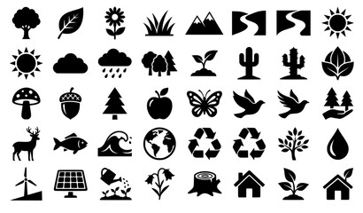 Fototapeta premium Nature Vector Glyph Icon Set with Trees Plants Wildlife and Environmental Symbols