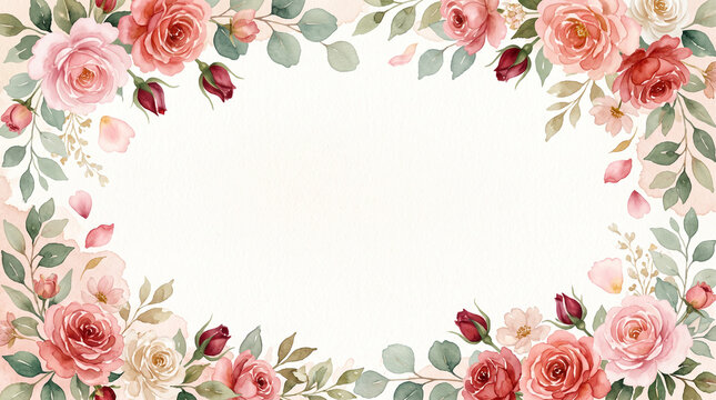 Watercolor floral border frame with soft pink and red roses greenery leaves for wedding invitation design template empty center paper texture background for romantic stationary greeting cards