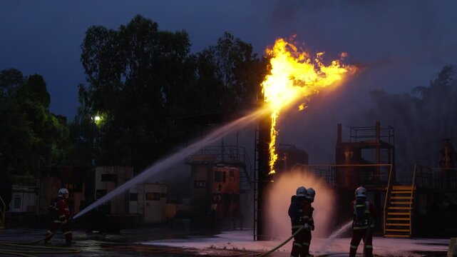 Firefighting Rescue Crew Responding to Industrial Accident Blaze Night, Emergency Training with Firefighter Spraying Water Through Dramatic Smoke, Urgent Teamwork and Courage During Burning Structure
