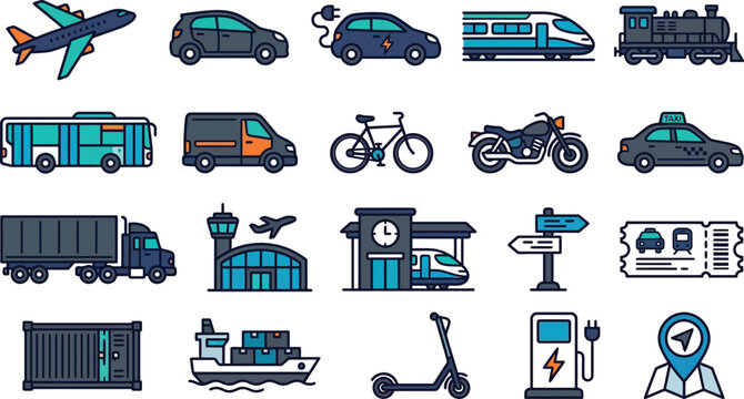 Transportation icons set featuring various vehicles and logistics symbols in a modern flat vector style