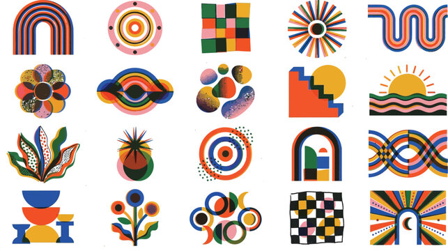 Abstract Geometric Icon Set Featuring Retro Shapes, Boho Patterns, and Vibrant Mid-Century Modern Illustrations