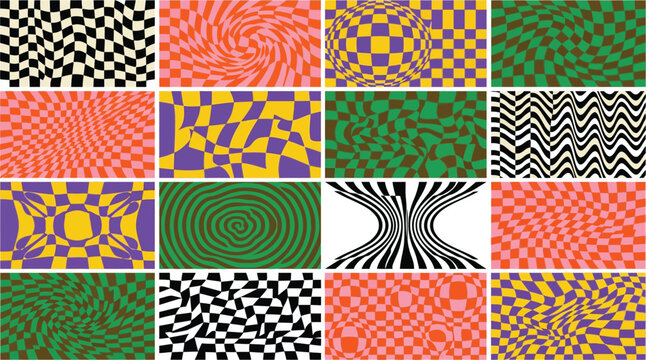 Wavy Checkerboard Pattern Set, Distorted Grid Backgrounds, Retro Psychedelic Optical Illusion Graphics for Modern Commercial Design Projects