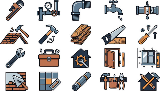 Construction and Home Repair Tools Icon Set, Flat Vector Illustrations for Renovation, Plumbing, and Carpentry Projects