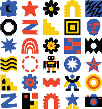 Abstract Geometric Icon Set Featuring Colorful Shapes, Symbols, and Modern Flat Illustrations on White Background