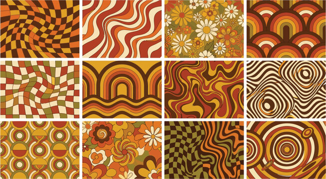 Retro 70s Groovy Patterns, Psychedelic Seamless Vector Backgrounds with Checkerboard, Wavy, Floral, and Rainbow Designs in Earthy Vintage Colors