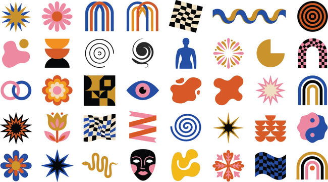 Retro Groovy Abstract Shapes Vector Collection for Modern Graphic Design, featuring Colorful Psychedelic Elements and Geometric Forms