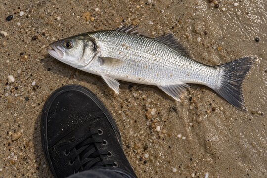 Silver fish rests on damp sandy ground beside a plain black canvas shoe