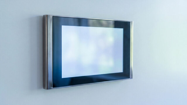 Blank wall mounted touchscreen display mockup, smart home control panel with empty screen and metal frame on light wall for home automation, digital interface and copy space