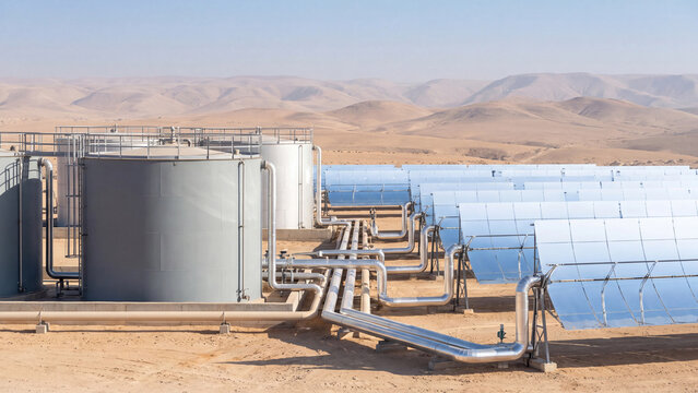 Concentrated solar power plant with parabolic trough mirrors and molten salt storage tanks in desert, solar thermal energy system with pipelines for renewable electricity