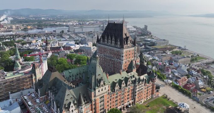 Aerial orbit around Chateau Frontenac in Old Quebec City