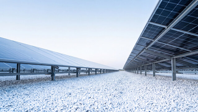 Low angle view between long rows of bifacial solar panels on white gravel, vanishing point perspective of modern solar farm for renewable energy and clean power with copy space