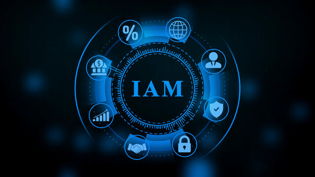 Blue digital interface featuring the acronym iam in the center, surrounded by a circular ring of related to identity, security, and data