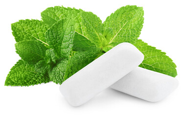 Menthol chewing gum pieces and green mint leaves isolated on white © New Africa