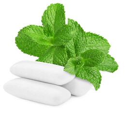 Menthol chewing gum pieces and green mint leaves against transparent background © New Africa