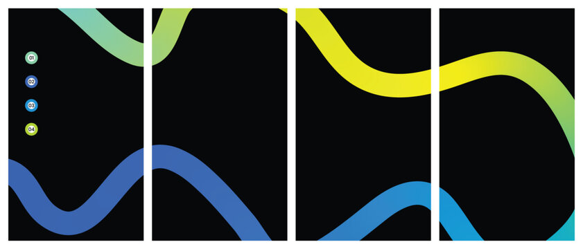 Abstract gradient wave minimalist poster set with  smooth blue and lime gradient curves on a bold black background