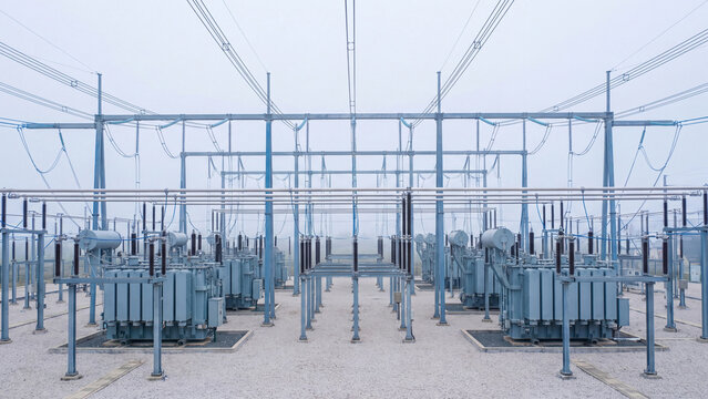 Symmetrical view of high voltage electrical substation with power transformers, steel gantries and busbars in fog, energy grid infrastructure for electricity transmission