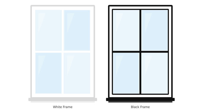 Modern window frame vector set, white and black window frames with glass panes, architectural house window icons for building design