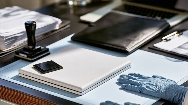 Document Redaction and Privacy Compliance Workspace with Stamp and Gloves