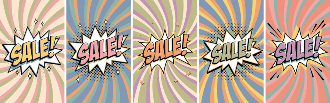 Vintage sale banner set in comic retro style with pastel lettering on star shape text box over spiral background in muted tones. Retro sale vector tags for posters, flyers, shop promotions
