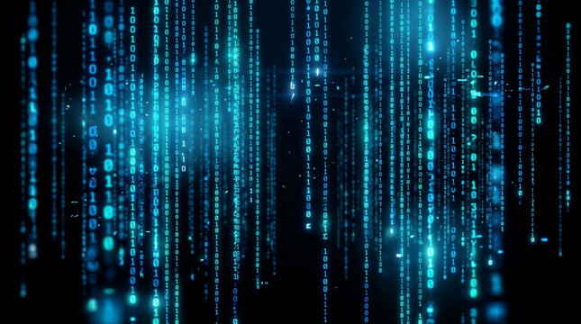 Binary code cascading downwards in glowing blue light representing digital data and technology