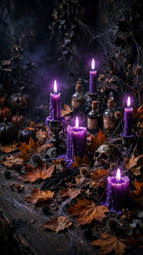 Mysterious ambiance of purple candles illuminating a dark Halloween scene adorned with autumn leaves and eerie decorations, creating a spooky and magical atmosphere