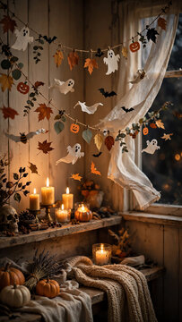 Whimsical Halloween Garlands Gently Fluttering in a Soft Indoor Draft Creating a Cozy and Spooky Atmosphere with Flickering Candlelight and Warm Hues