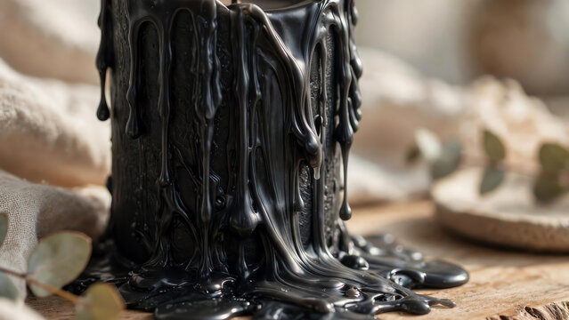 Artistic Close-Up of Black Candle Wax Melting Down the Sides, Capturing Texture and Fluid Motion in a Softly Lit Still Life for a Tranquil Home Decor Scene