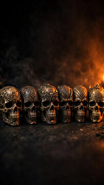 Row of Miniature Skull Ornaments Bathed in a Warm, Eerie Orange Glow, Showcasing Intricate Textures and Captivating Details Against a Dark Backdrop