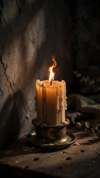 A flickering candle flame illuminating a dark room, casting soft shadows on the surrounding surfaces, creating a serene and tranquil atmosphere