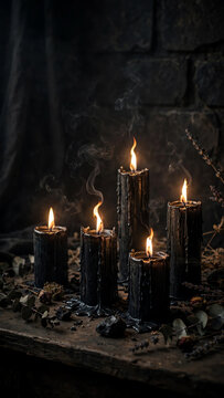Burning Black Candles in a Dimly Lit Room with Gently Flickering Flames Creating an Atmospheric Ambiance and Invoking a Sense of Tranquility and Mystery