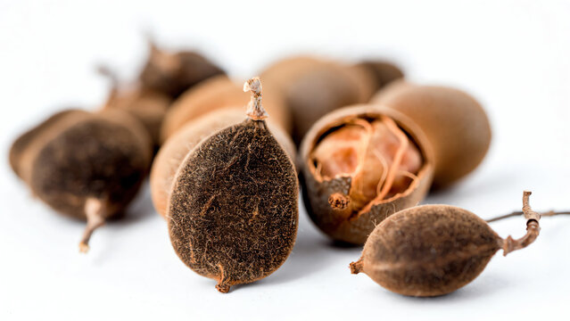 Close-Up of Velvet Tamarind Pods with a Soft Focus on the Textured Surface Details Against a Bright White Backdrop, Creating a Fresh and Clean Aesthetic
