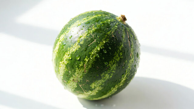 Fresh Mini Watermelon on a Crisp White Background with Natural Light Enhancing Its Texture and Vibrant Colors for a Delightful Summer Fruit Experience