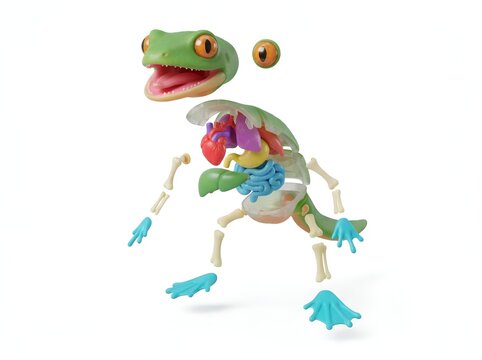 Frog dissection model demonstrates amphibian internal organ placement, skeletal elements, and muscular structure in an educational toy format.