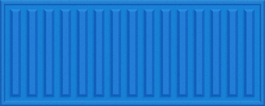 Corrugated container texture with blue metal panels, vertical ribs and dark framed edge for industrial background design. Shipping container wall suits posters, cards, banners and logistics prints