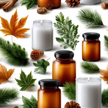 Autumn scented candle pattern with amber jars, colorful maple leaves, cinnamon sticks and green foliage on white background. SEAMLESS PATTERN