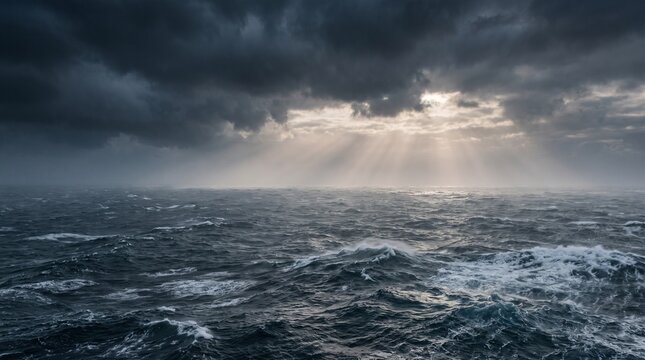 Stormy ocean waves with dramatic sunlight rays breaking through clouds