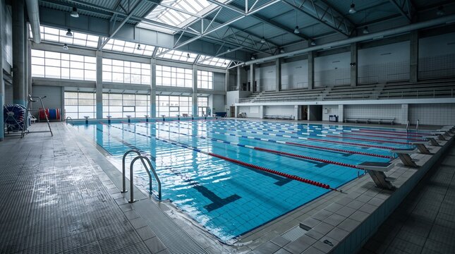 Indoor swimming pool with clear blue water and lane dividers inside a modern athletic sports facility