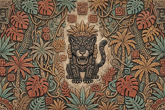 Ancient Mayan style stone relief with a central jaguar god figure. Ancient Aztec pattern background featuring tropical palm trees, monstera leaves, and tribal glyph symbols.