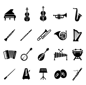 Orchestral instruments music symphony and concert silhouette icon set