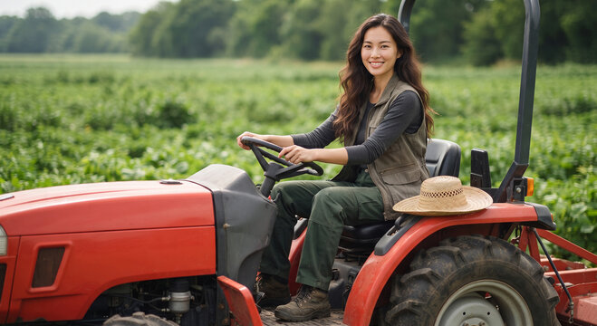 Female farmer sitting on a red tractor in a green agricultural field