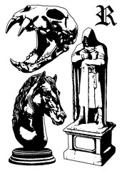 Vintage Black and White Gothic Illustration Collection with Animal Skull, Horse Chess Knight and Hooded Statue © Beiqiu