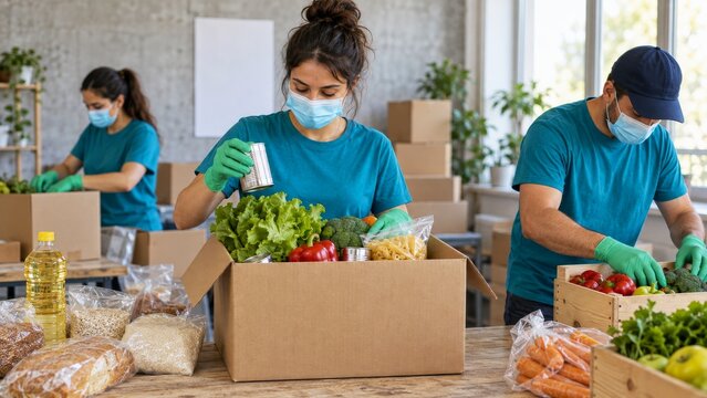 Masked food bank volunteers packing vegetables, bread, and pantry staples into a grocery box