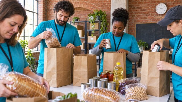 Food bank team packing canned goods and dry pantry staples into paper bags