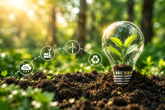 Green seedling growing inside clear lightbulb planted in fertile soil with floating carbon reduction industrial wind and recycling icons in sunny forest