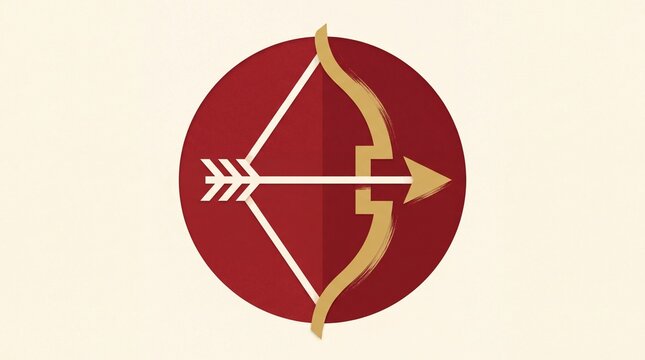 modern graphic style, an elegant bow and arrow crafted from negative space in deep red, gold, and ivory
