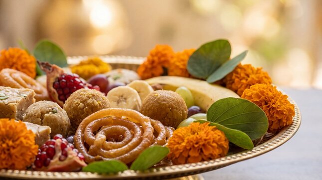 traditional sweets arrangement, a luxurious brass thali showcases dussehra sweets and fruits, adorned with marigolds