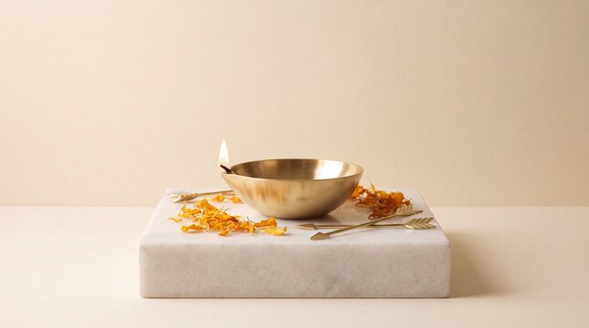 decorative centerpiece ideas, a sleek brass diya atop a marble pedestal, surrounded by marigold petals