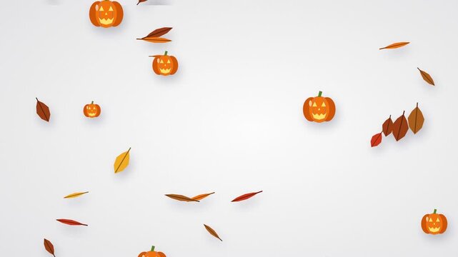 Pumpkins and autumn leaves fall down against a white background.