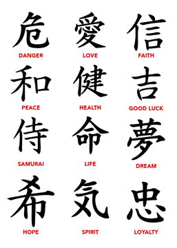 Japanese Kanji Symbols with English Meanings for Love, Faith, Peace, Samurai, Life and Dreams
