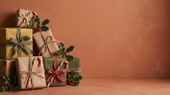 A stack of beautifully wrapped christmas gift boxes with festive decorations on a warm brown background